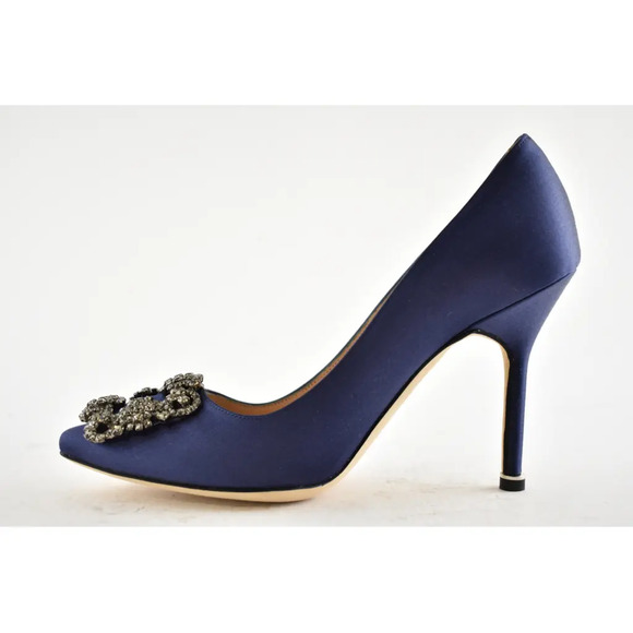 Manolo Blahnik Hangisi 105 Navy Blue Satin Crystal Jewel Buckle Heel Pump 40 - Picture 9 of 12